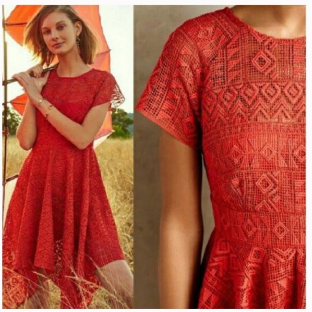 Maeve Anthropologie Red Eyelet Lace Dress